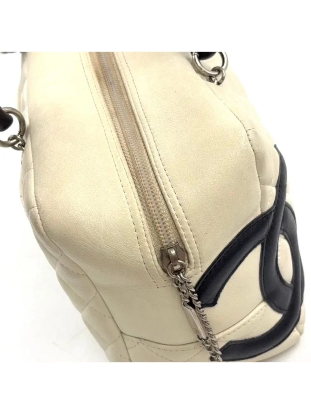 Chanel Cambon Line Bowling Lambskin Black White Shoulder Bag Silver